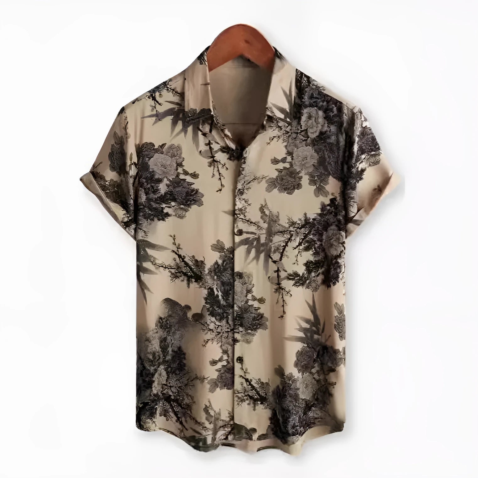 Hawaiian floral print short sleeve cardigan shirt with lapel collar in an elastic polyester fabric.
