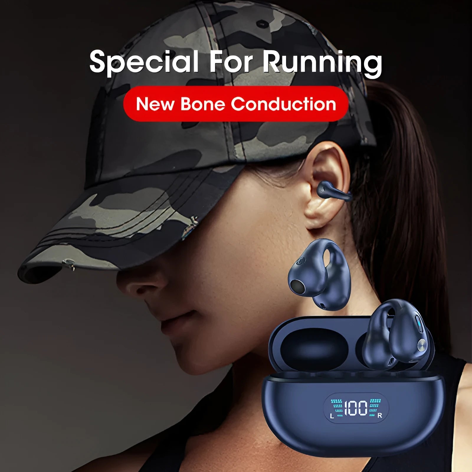 Bone conduction Bluetooth headset with ear clip design shown in black, white, and khaki colour options.