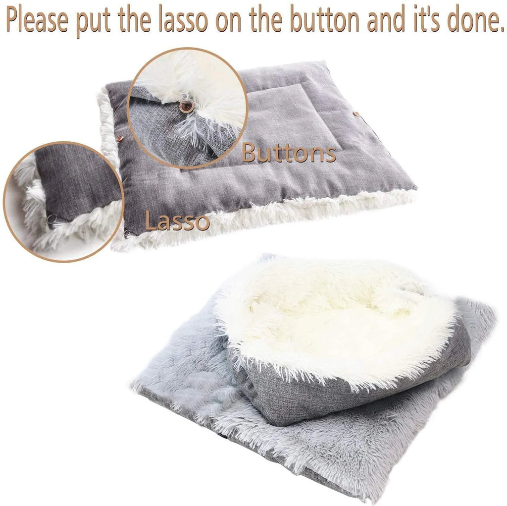Gray self-heating pet blanket nest with long plush fur and non-slip black bottom, 61x51 cm