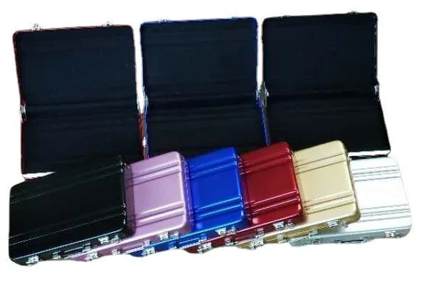 Aluminium alloy metal card holder in six colour options showing red, blue, black, silver, pink and gold variants