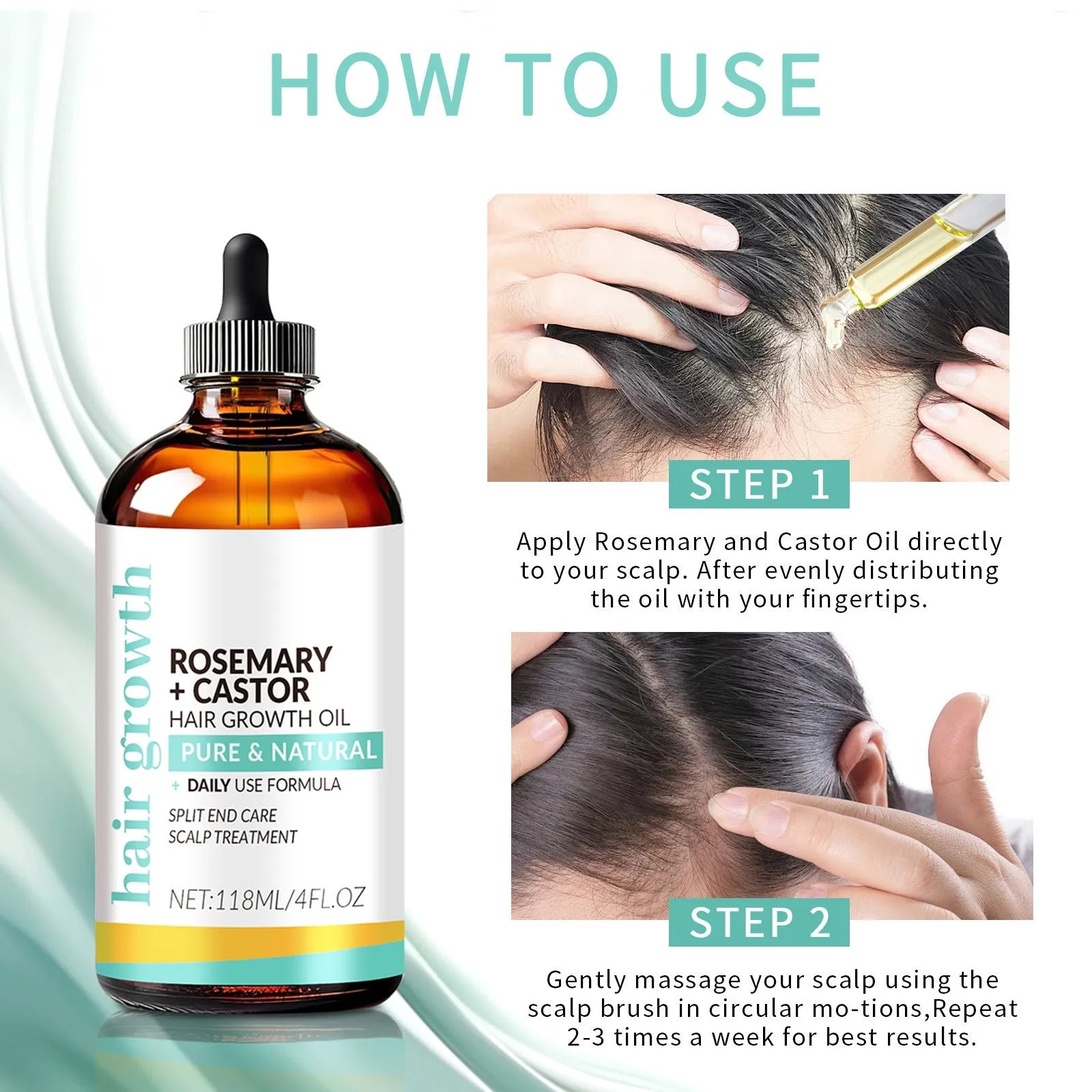 118ml bright yellow hair care oil bottle with a massage brush applicator for strong hair treatment.
