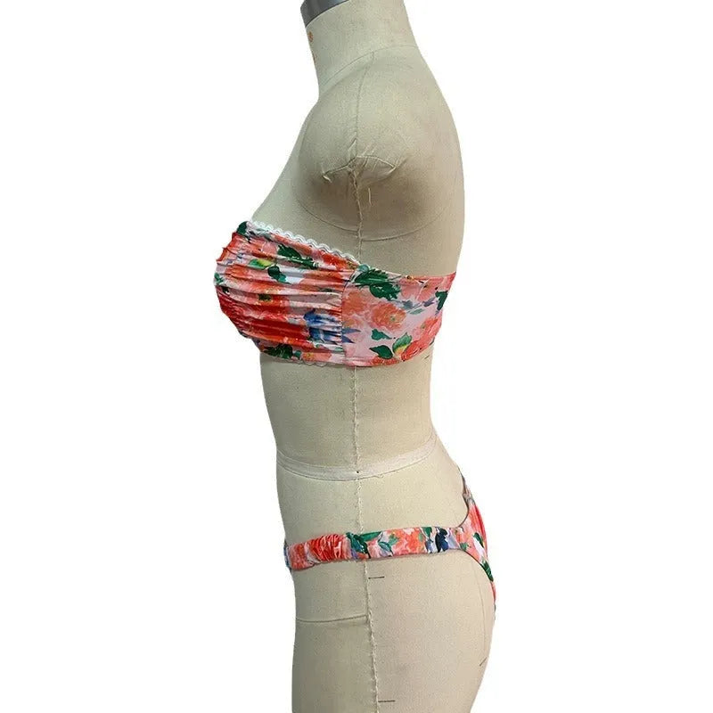 Women's floral lace trim bikini set with sleeveless tube top and matching briefs in backless design