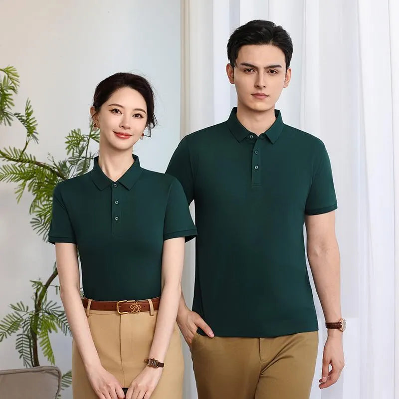 Lapel polo shirt for men and women, short sleeve, 100% polyester, available in 12 colours including light blue and army green