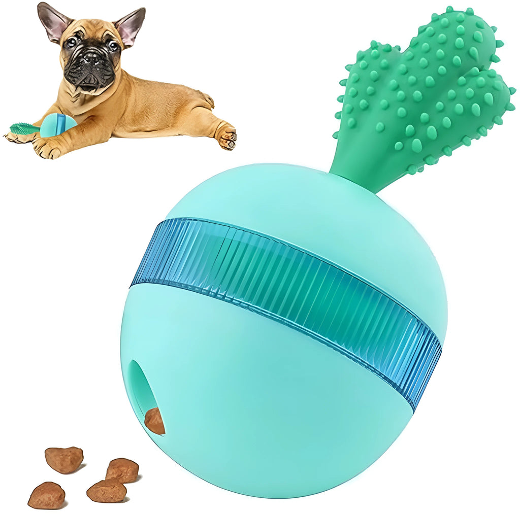 Blue durable rubber treat dispensing dog toy ball for medium large dogs