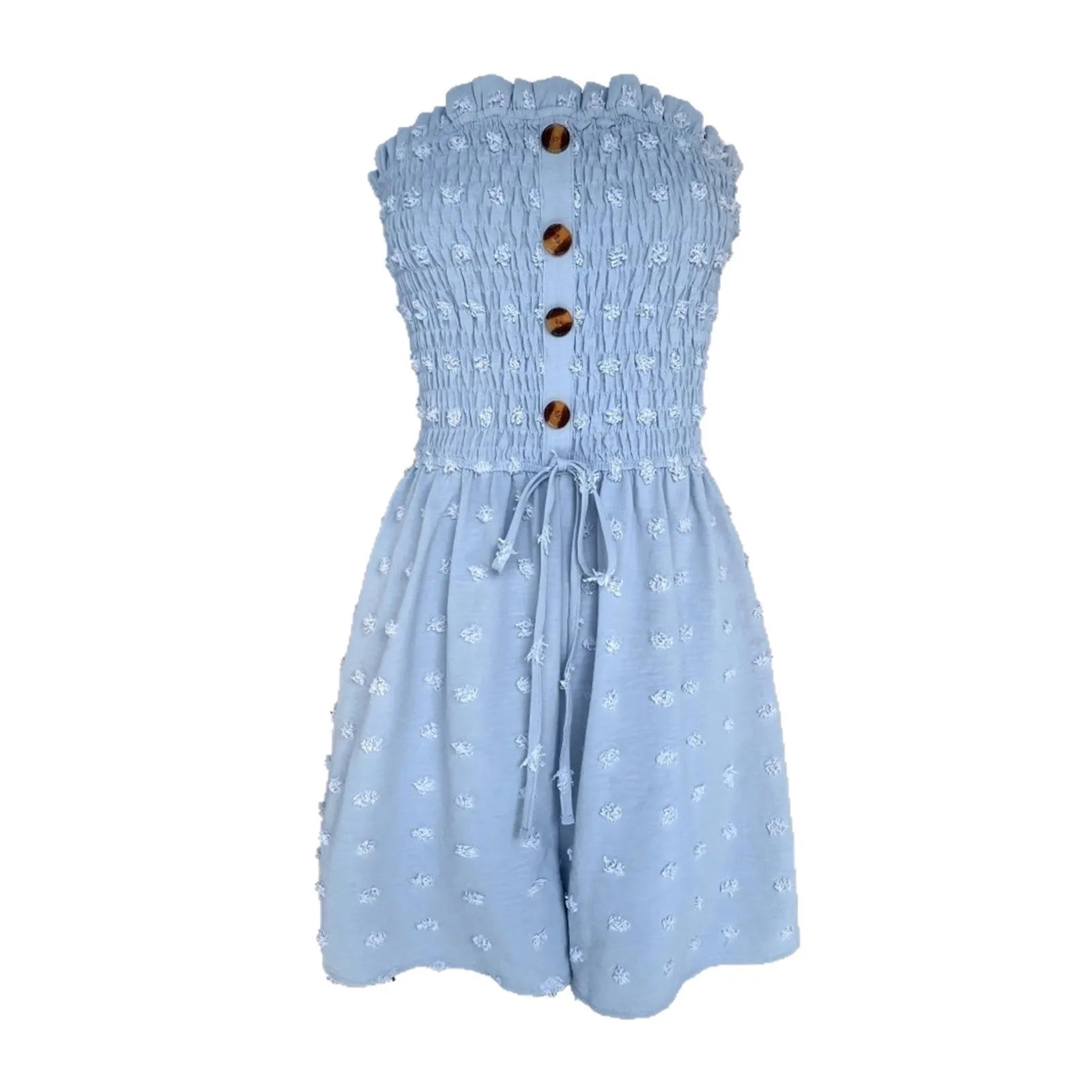 Women's blue off-shoulder sleeveless jumpsuit with button details and mid waist design
