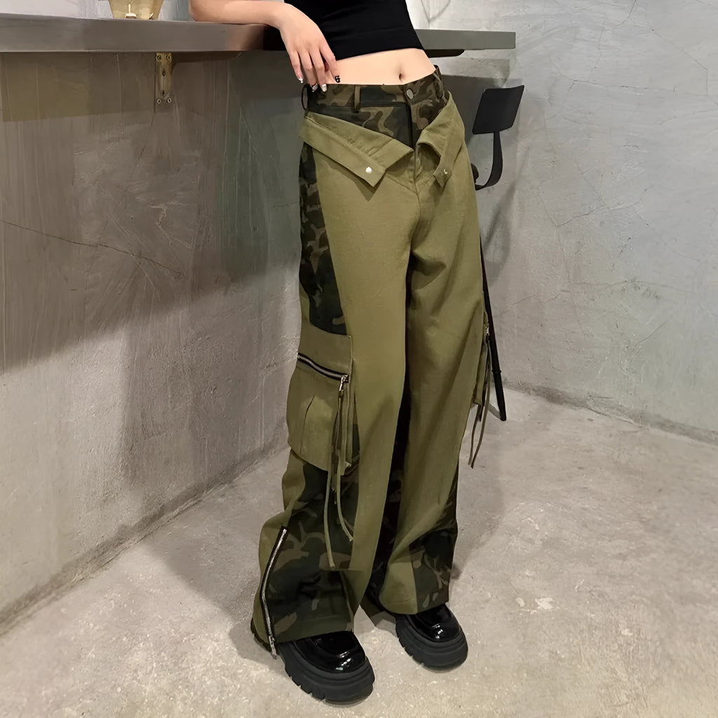 Women's dark khaki leopard print high waist jeans with tooling-style stitching detail
