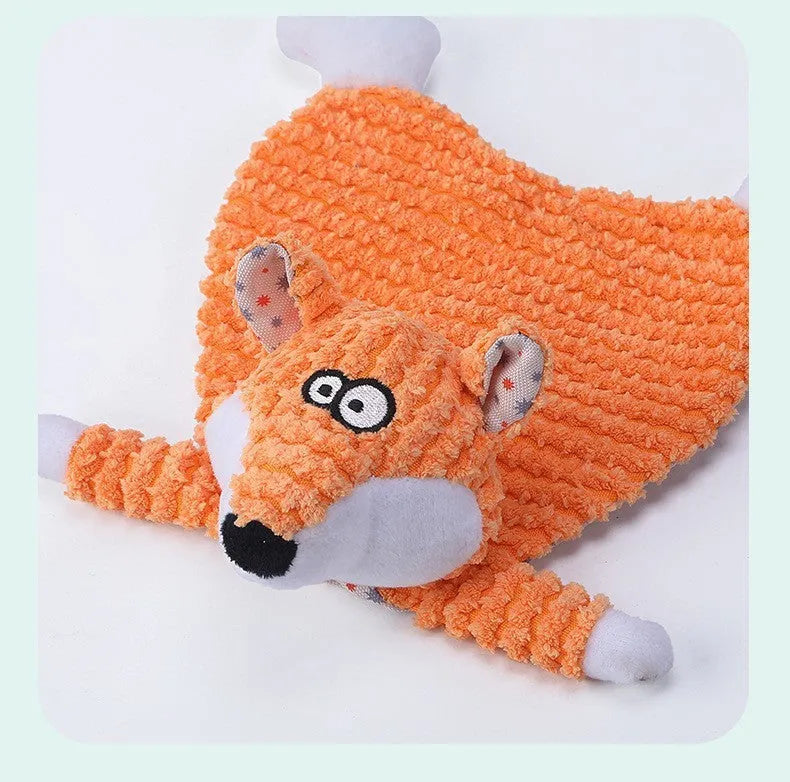 Brown velvet stuffed fox elephant pet toy with squeaky paper sound maker for cats and dogs.
