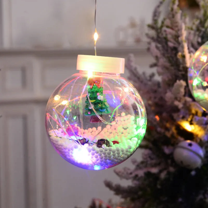 LED Christmas curtain lights with 10 fairy wishing ball lamps showing snowman, Christmas tree and elder designs