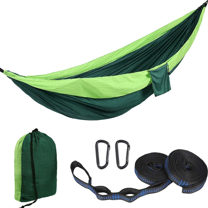Double 210T nylon parachute cloth hammock with black King Kong buckles and round ropes for outdoor camping