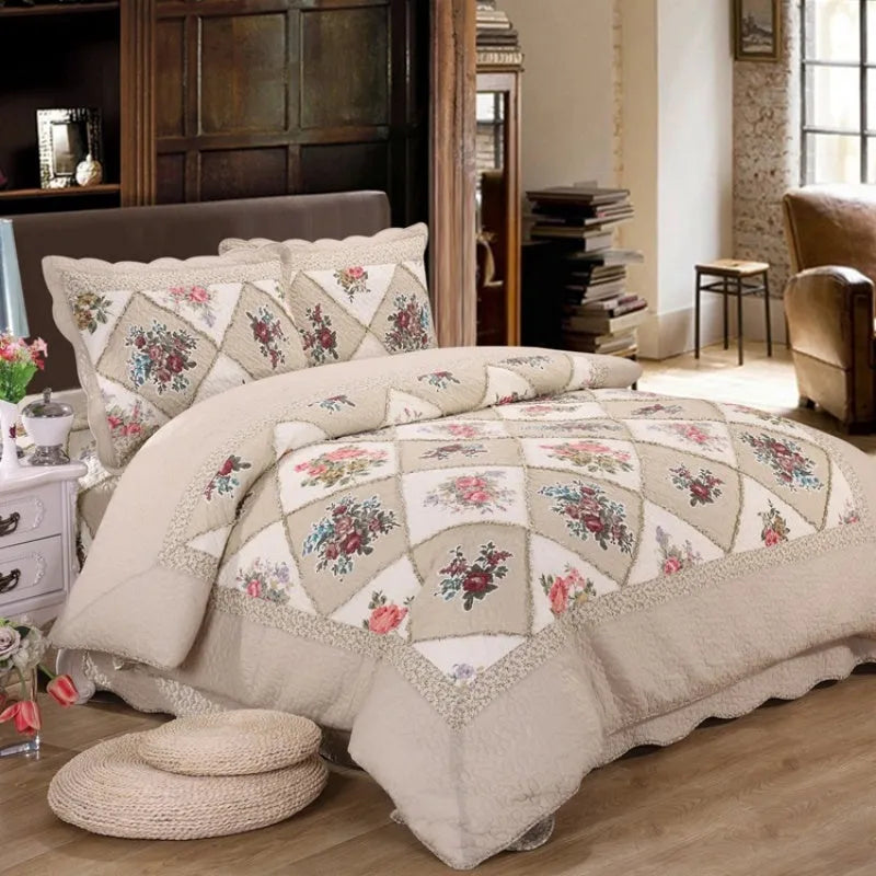 Pure cotton quilted bedspread three-piece set showing Korean style bedding with coordinating pillowcases