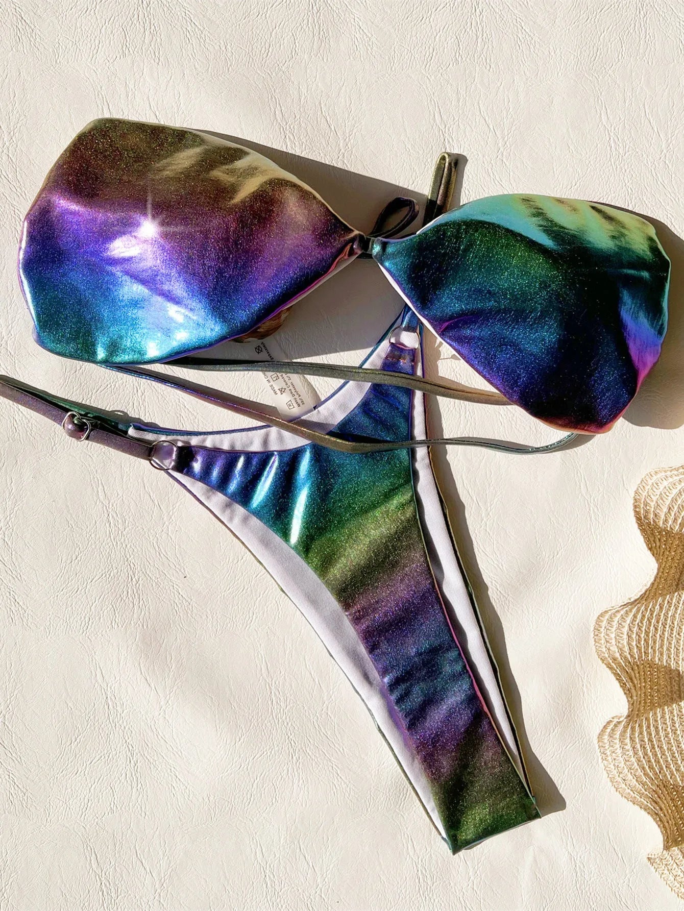 Women's gradient purple polyester bikini swimsuit showing colour transition effect