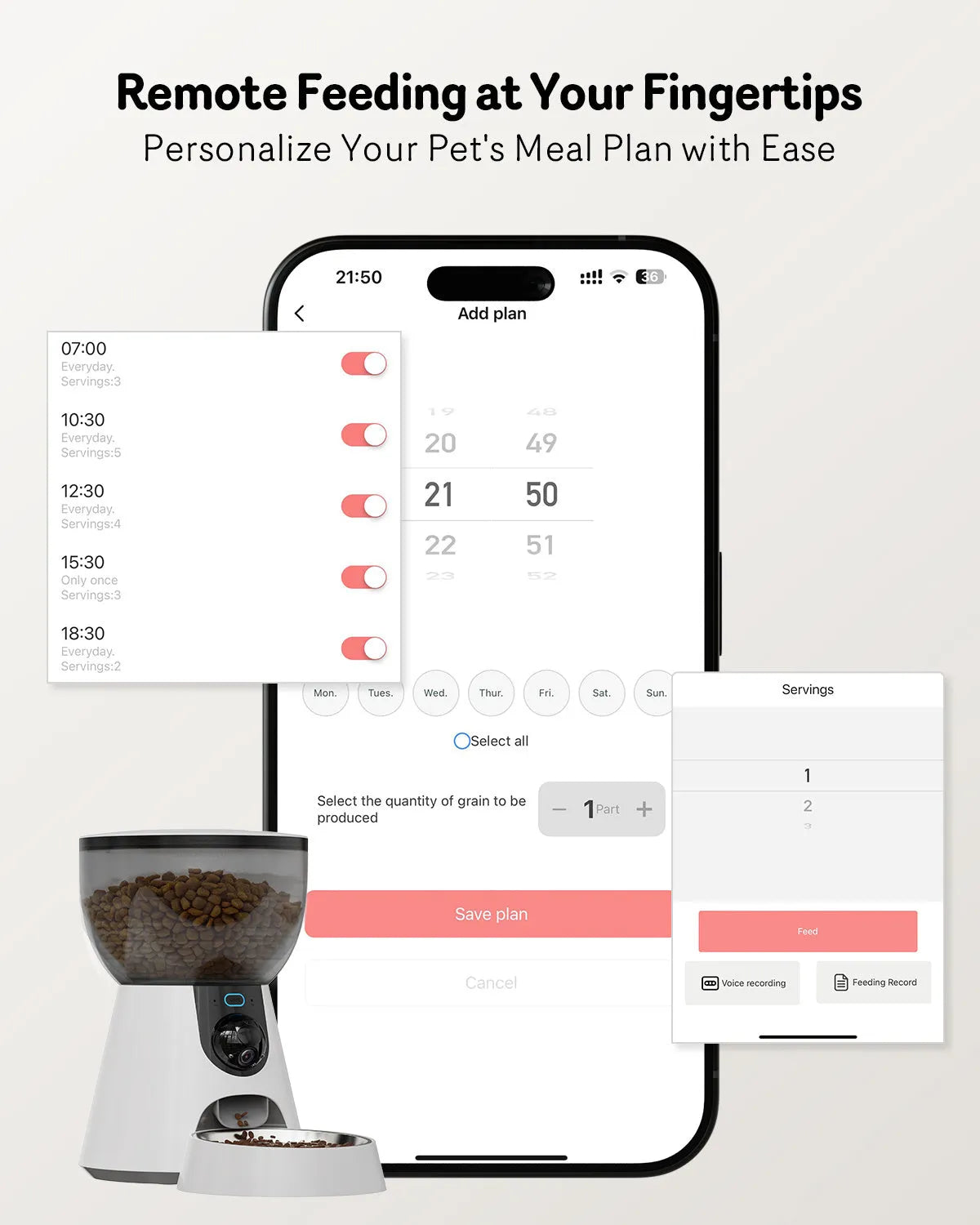 Automatic cat feeder with 1080P camera, night vision, 5G WiFi, two-way audio, 4L capacity, stainless steel tray, and low food alert