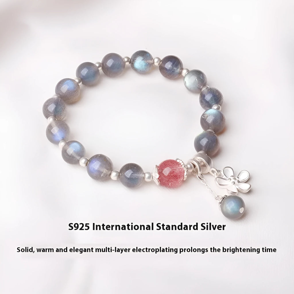Grey moonlight crystal bracelet for women, 7.5mm beads, 925 sterling silver with honeysuckle clasp