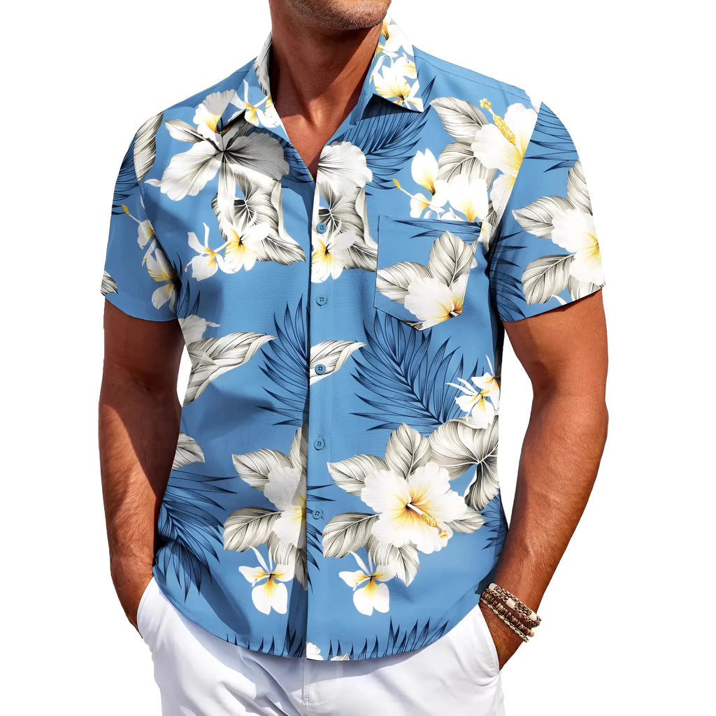 Men's slim-fit Hawaiian short sleeve shirt in elastic polyester fabric showing colour options