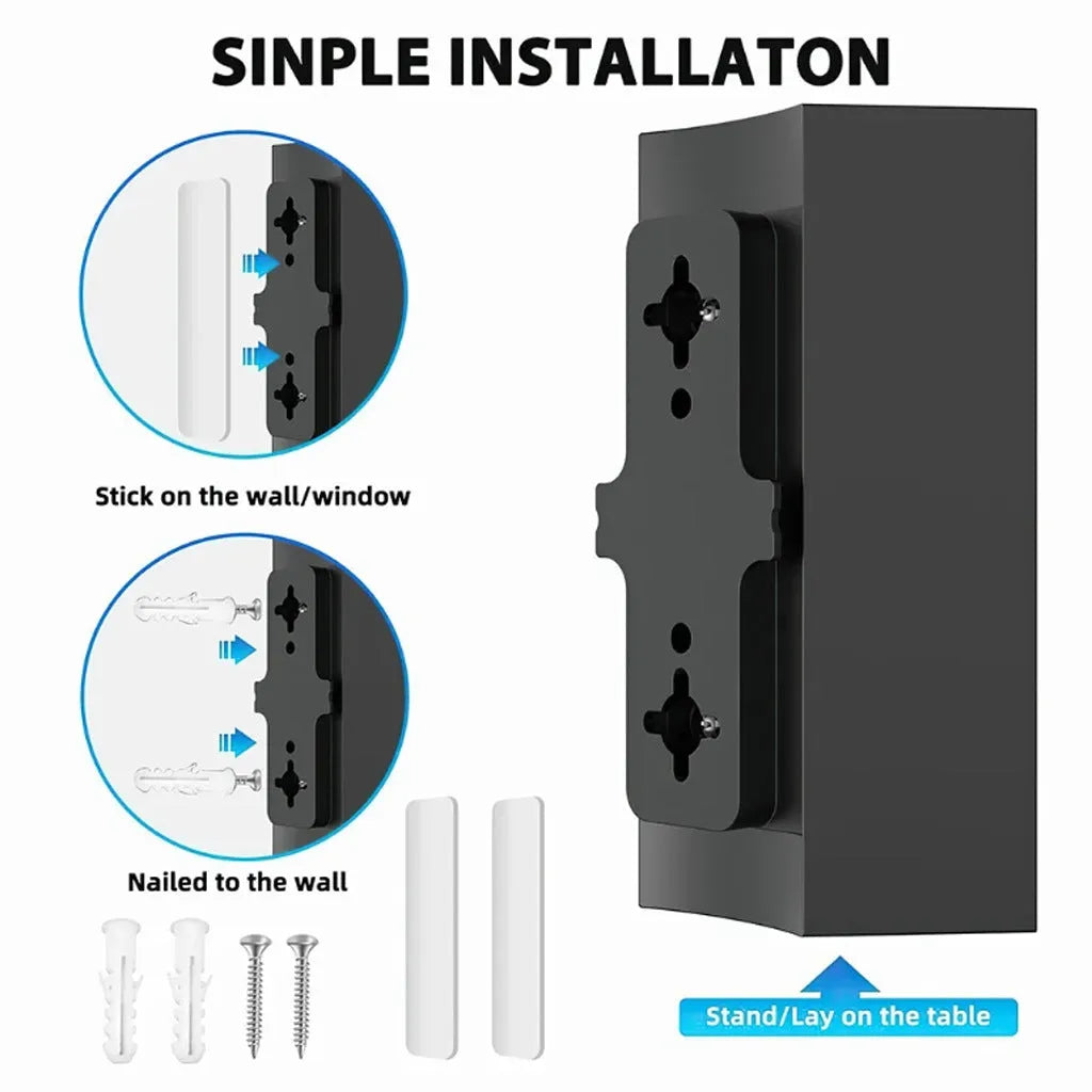 Black digital HD television antenna with mounting screws, expansion tubes, cable ties, and adhesive tape.