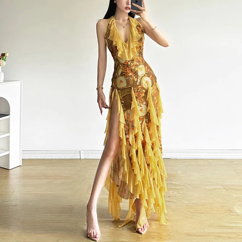 Yellow halter suspender skirt dress with ruffles and A-line cut, high waist, long length, sleeveless