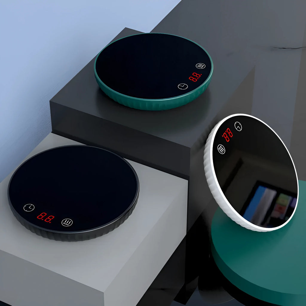 Electric touch cup warmer heating mat with digital display, 18W, 115mm diameter, on a desk