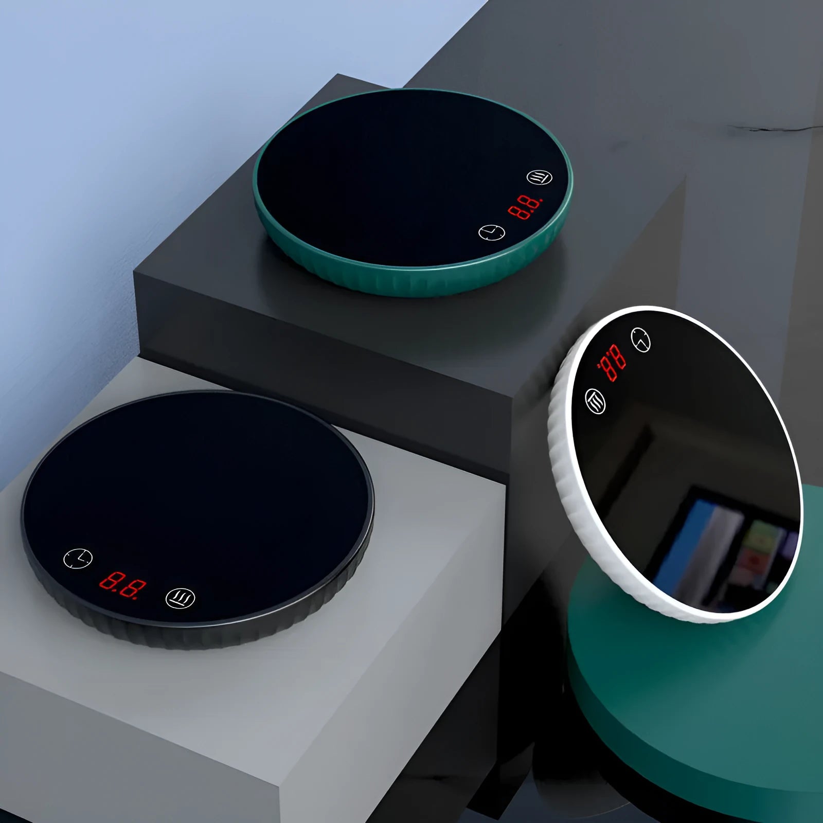 Electric touch cup warmer heating mat with digital display, 18W, 115mm diameter, on a desk