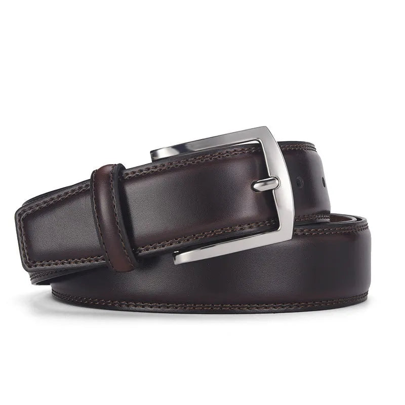 Men's black genuine leather belt with silver alloy pin buckle, showing adjustment holes and patent leather finish.