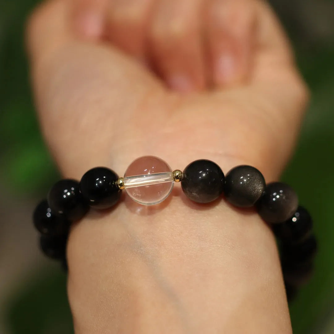 White crystal bracelet with cat eye obsidian beads in geometric Chinese style, unisex size option