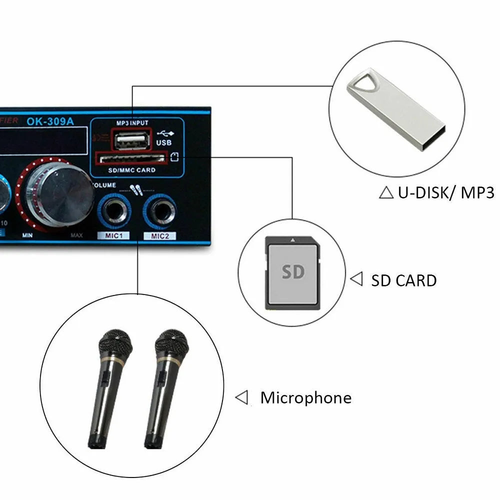 BT-309A-A black dual-purpose power amplifier with remote control for home and car audio