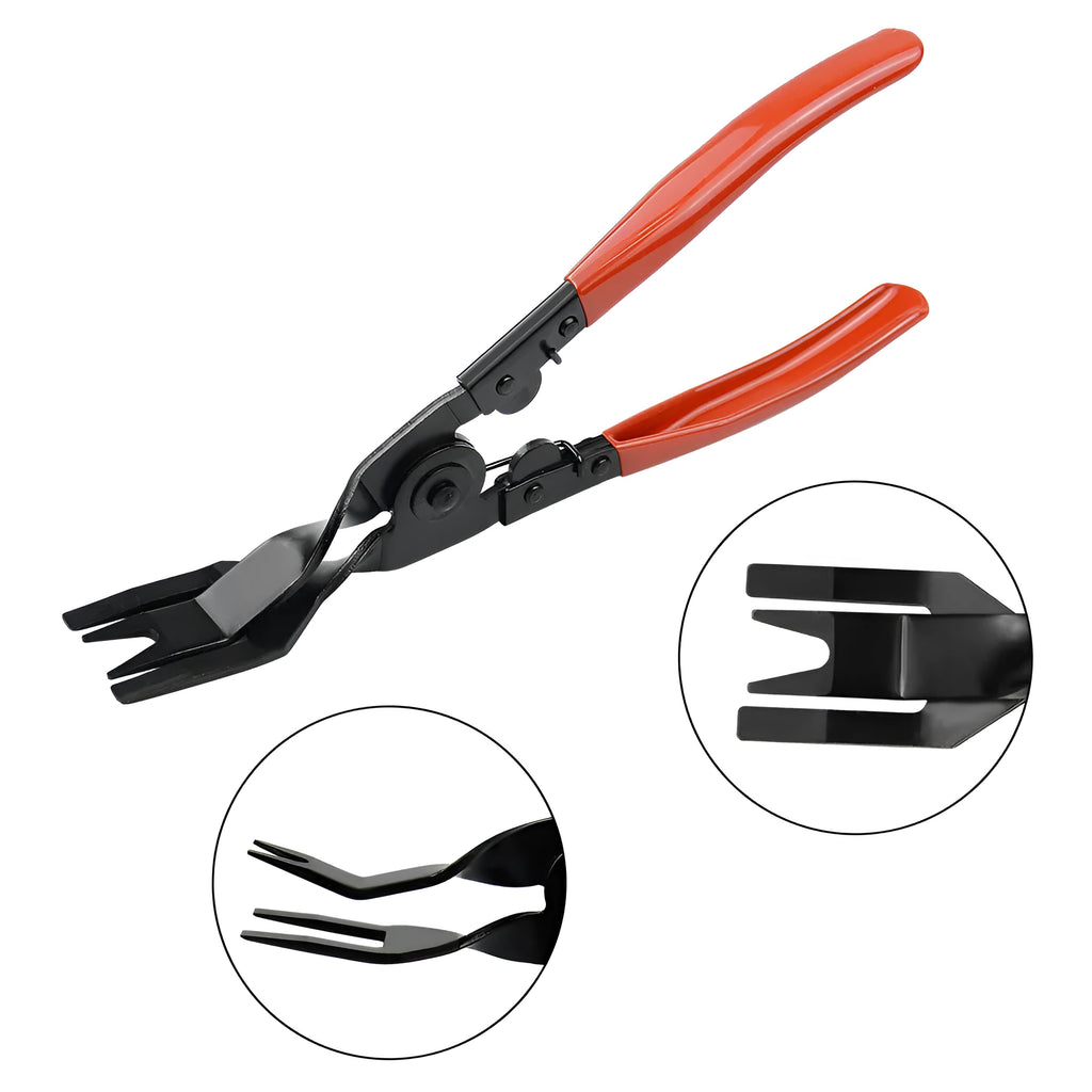 Red-handled steel automotive clip driver tool for General Motors vehicle interior panel repairs