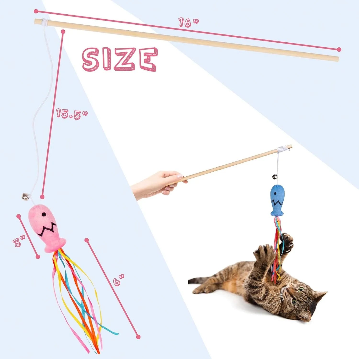 Colourful cat wand toy with wooden handle, elastic string, and a catnip fish with ribbons and a bell.