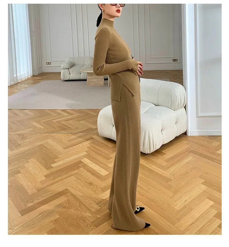 Women's knitted three-piece set showing wide-leg pants, sweater and cardigan with leather stitching details