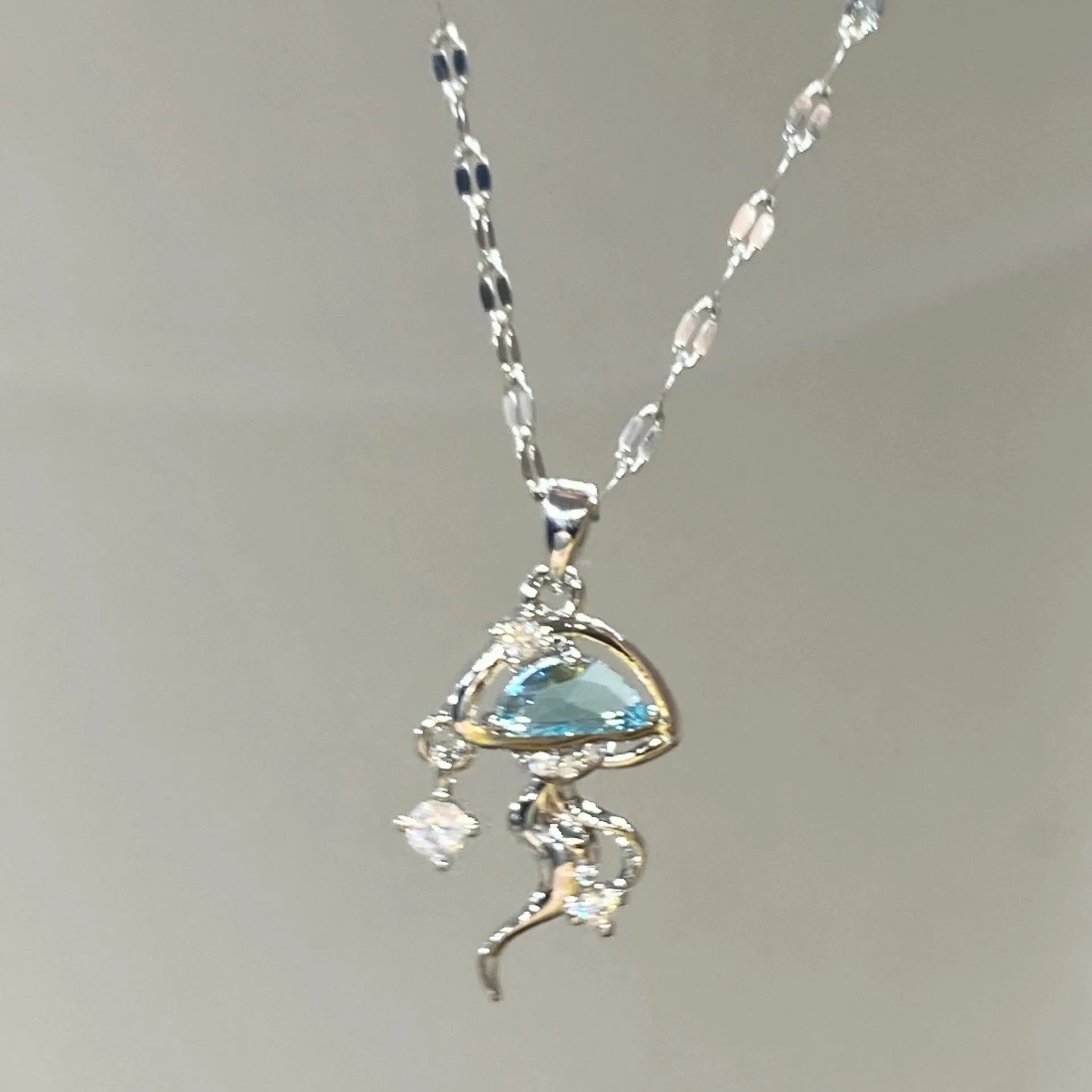 S925 sterling silver blue jellyfish necklace white gold colour pendant on adjustable chain