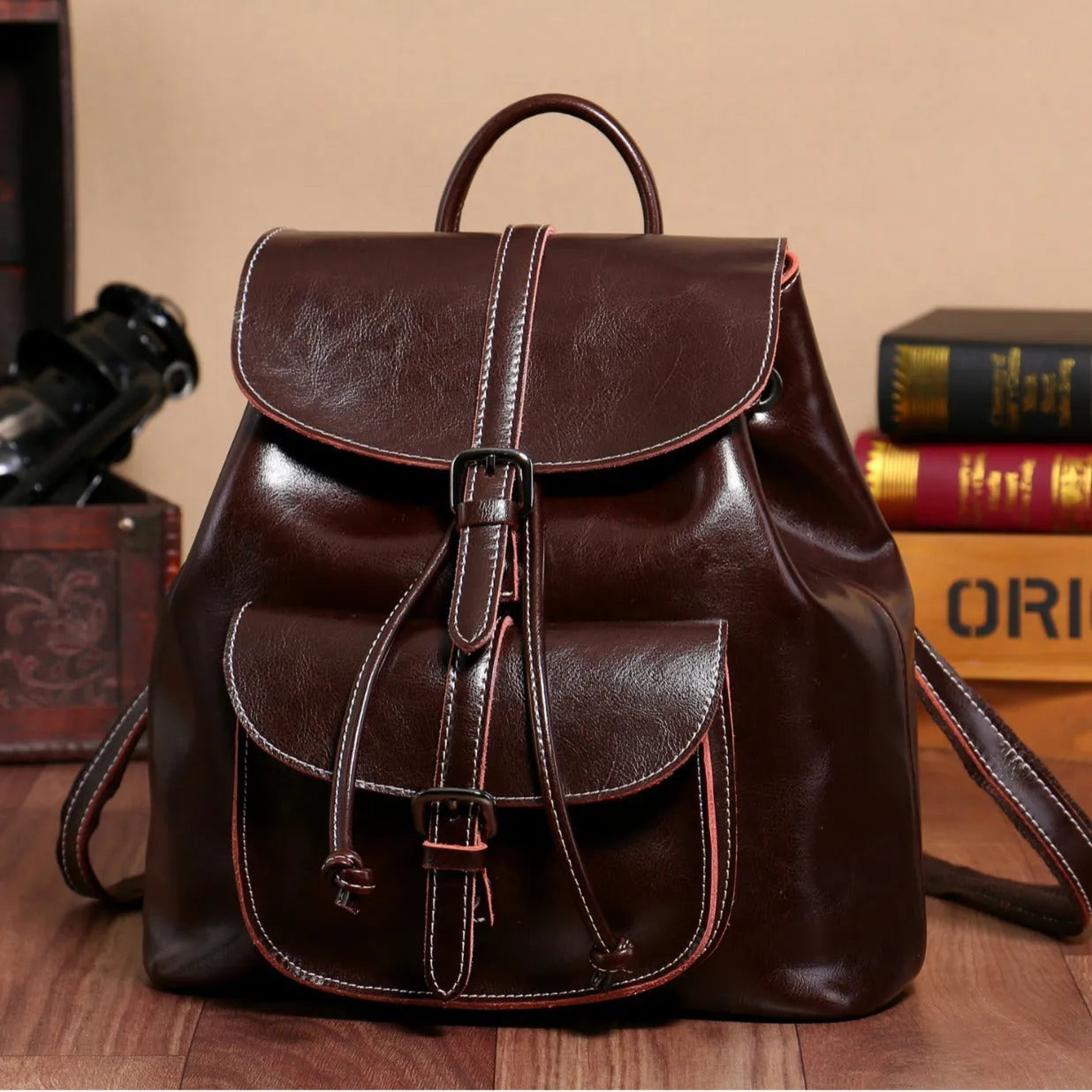Korean style genuine cowhide leather backpack with pull-belt and sandwich pocket, 28x30x12cm, black