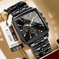 Square-faced men's business watch with stainless steel strap on wrist, showing gold and black colour option.