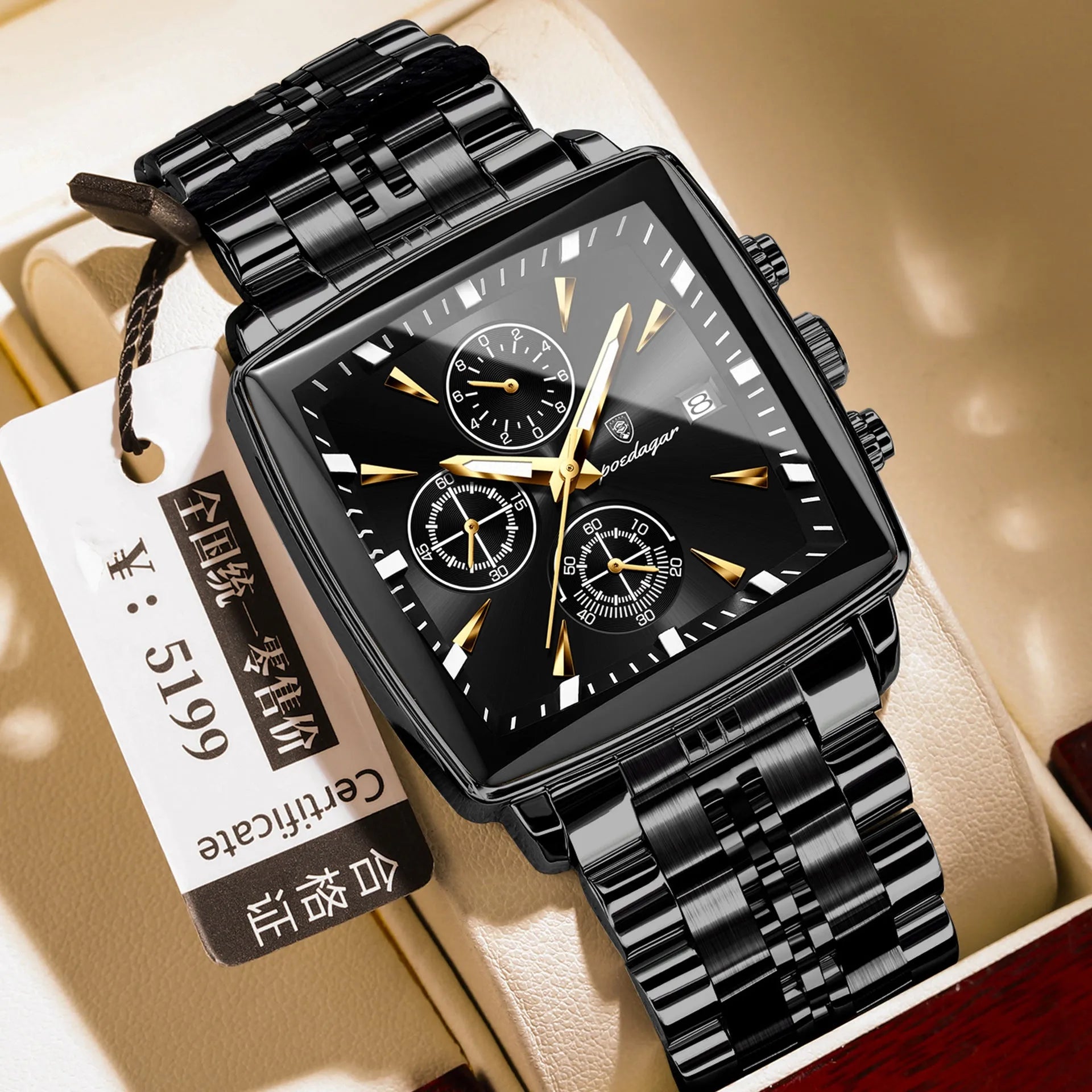 Square-faced men's business watch with stainless steel strap on wrist, showing gold and black colour option.