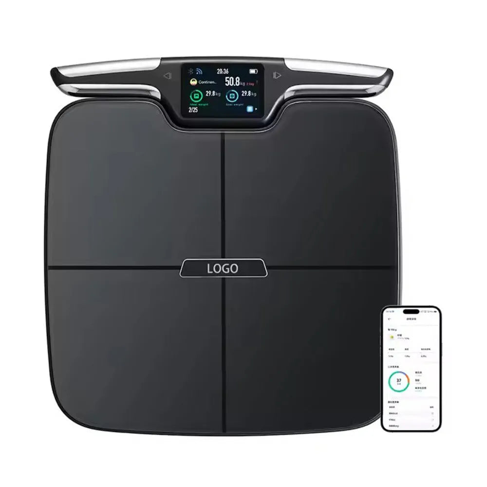 Black eight-electrode body fat weighing scale with digital display for household use