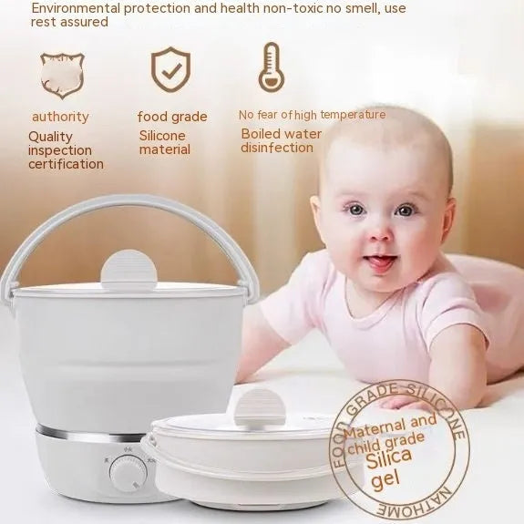 White portable folding electric cooker with food grade silicone body, 304 stainless steel liner, for 2-3 people travel camping