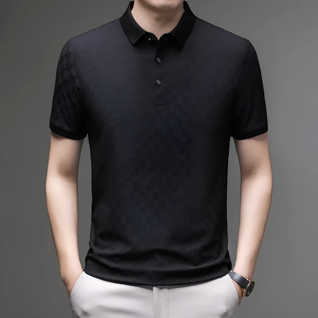 Rhombus pattern thin ice silk short sleeve t-shirt in black, shown with a slit detail.