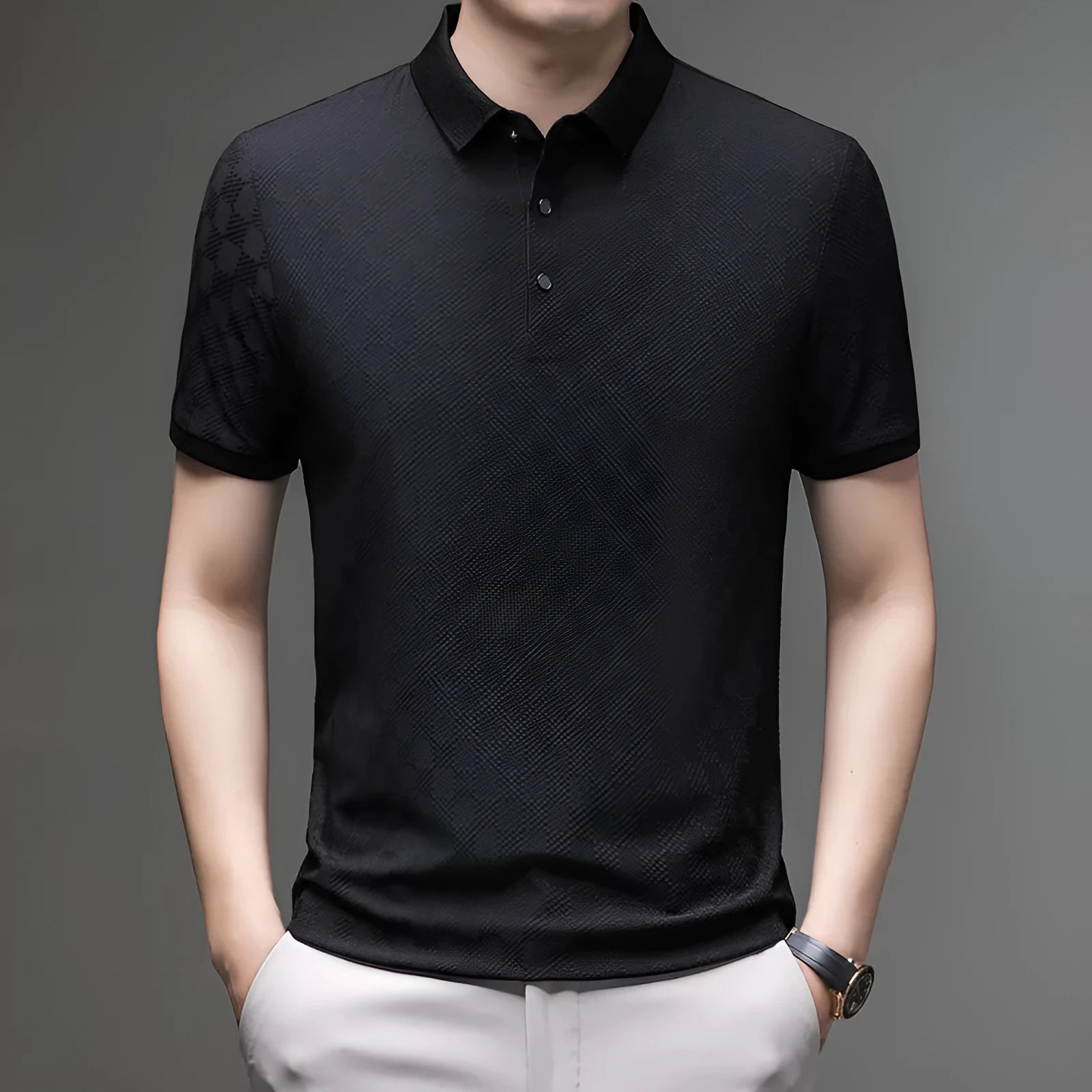 Rhombus pattern thin ice silk short sleeve t-shirt in black, shown with a slit detail.