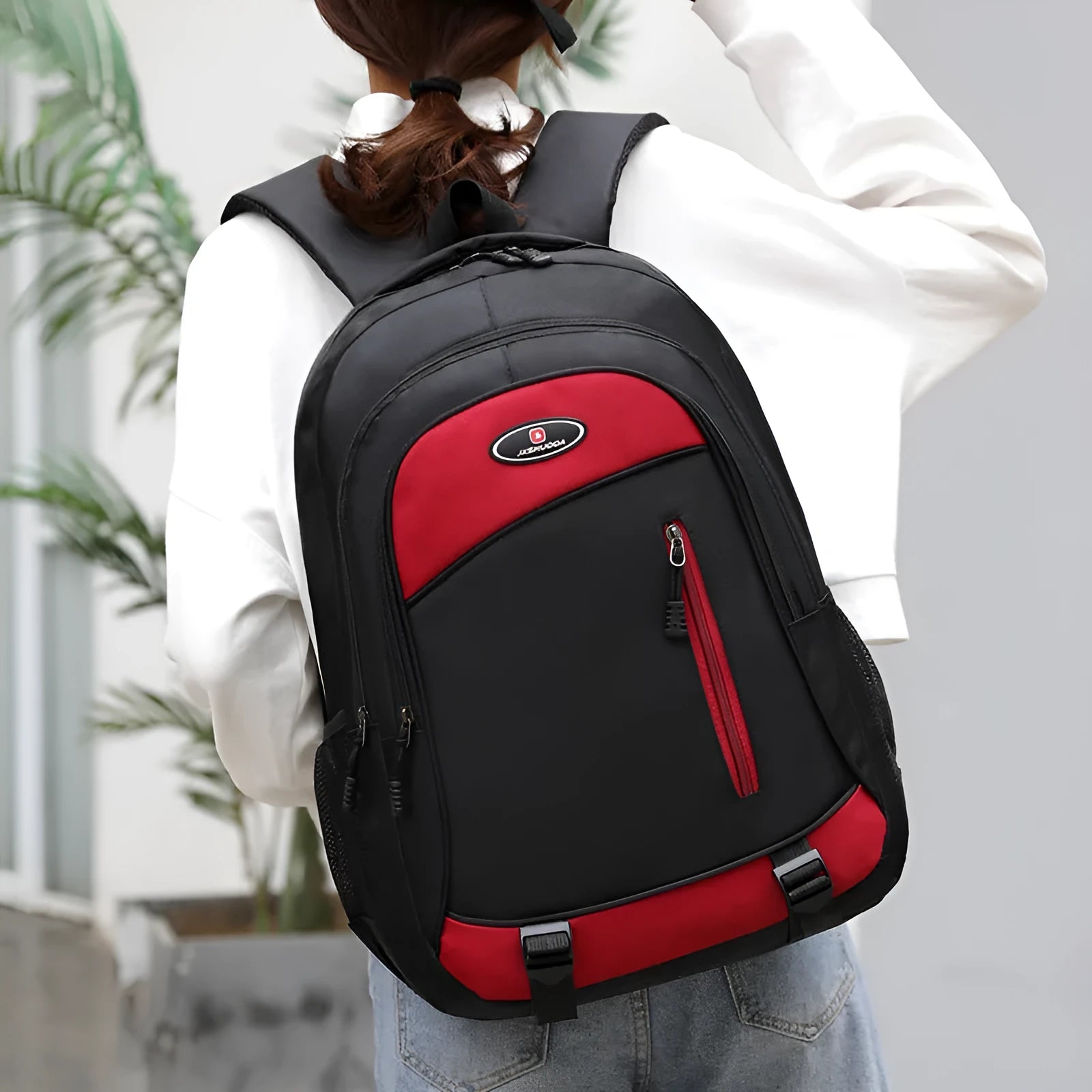 Waterproof nylon school backpack in urban simplicity style with contrast stitching, available in multiple colours