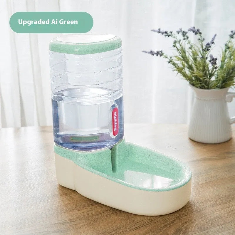 Blue automatic pet water fountain with 3.8-litre capacity for dogs and cats on a kitchen floor.