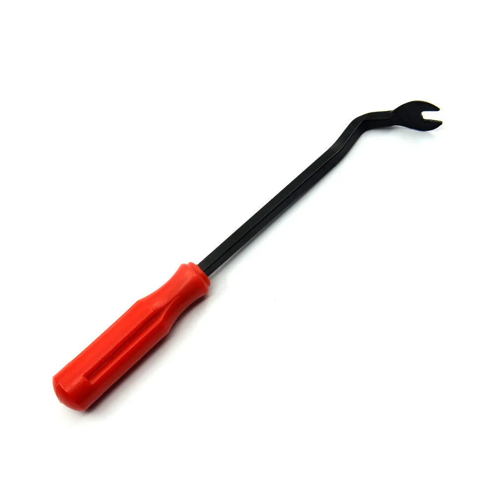 Red-handled steel automotive clip driver tool for General Motors vehicle interior panel repairs