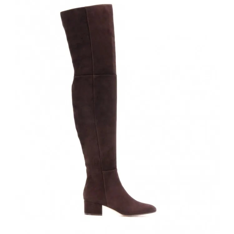 Grey women's suede over-the-knee flat boots with a pointed toe and low thick heel on a white background.