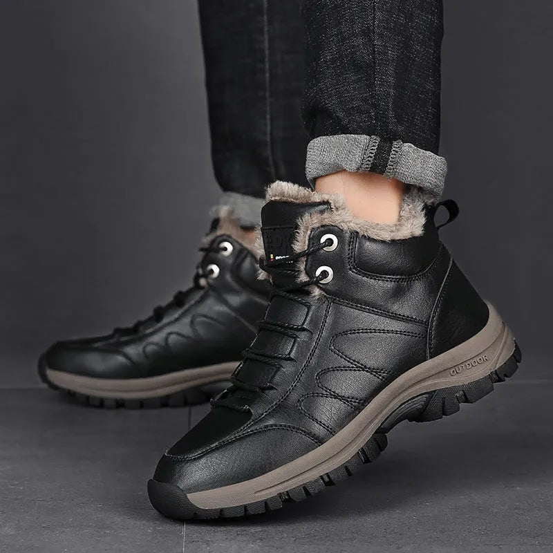 Men's black winter boots with plush lining, lace-up design, thick rubber sole, and round toe