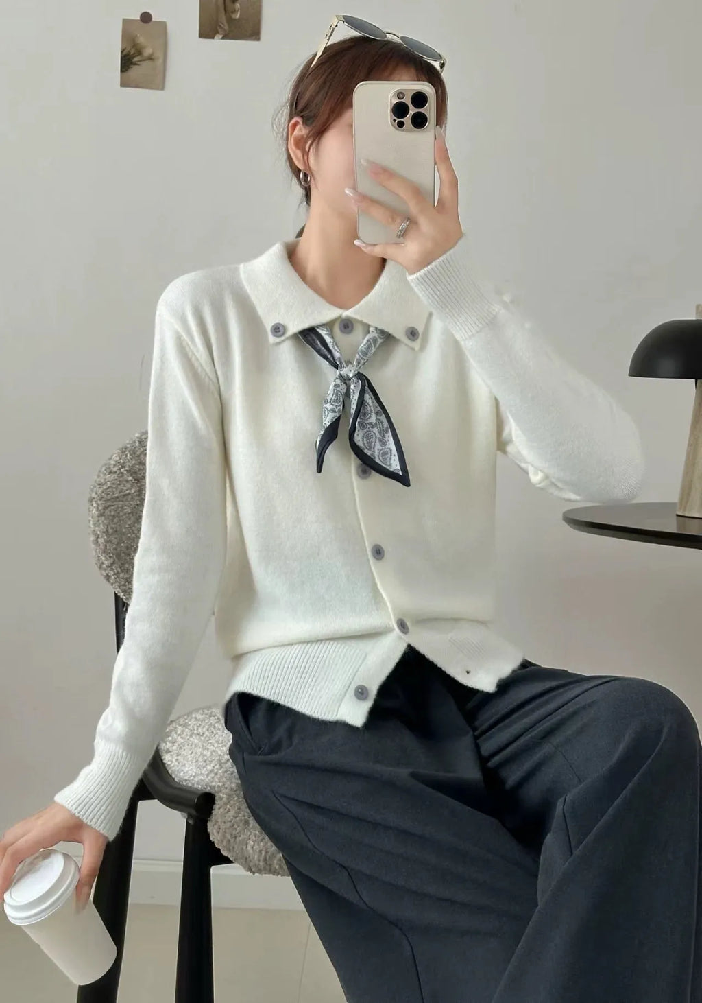 Beige acrylic knit cardigan with lapel scarf collar design, long sleeves and cardigan styling