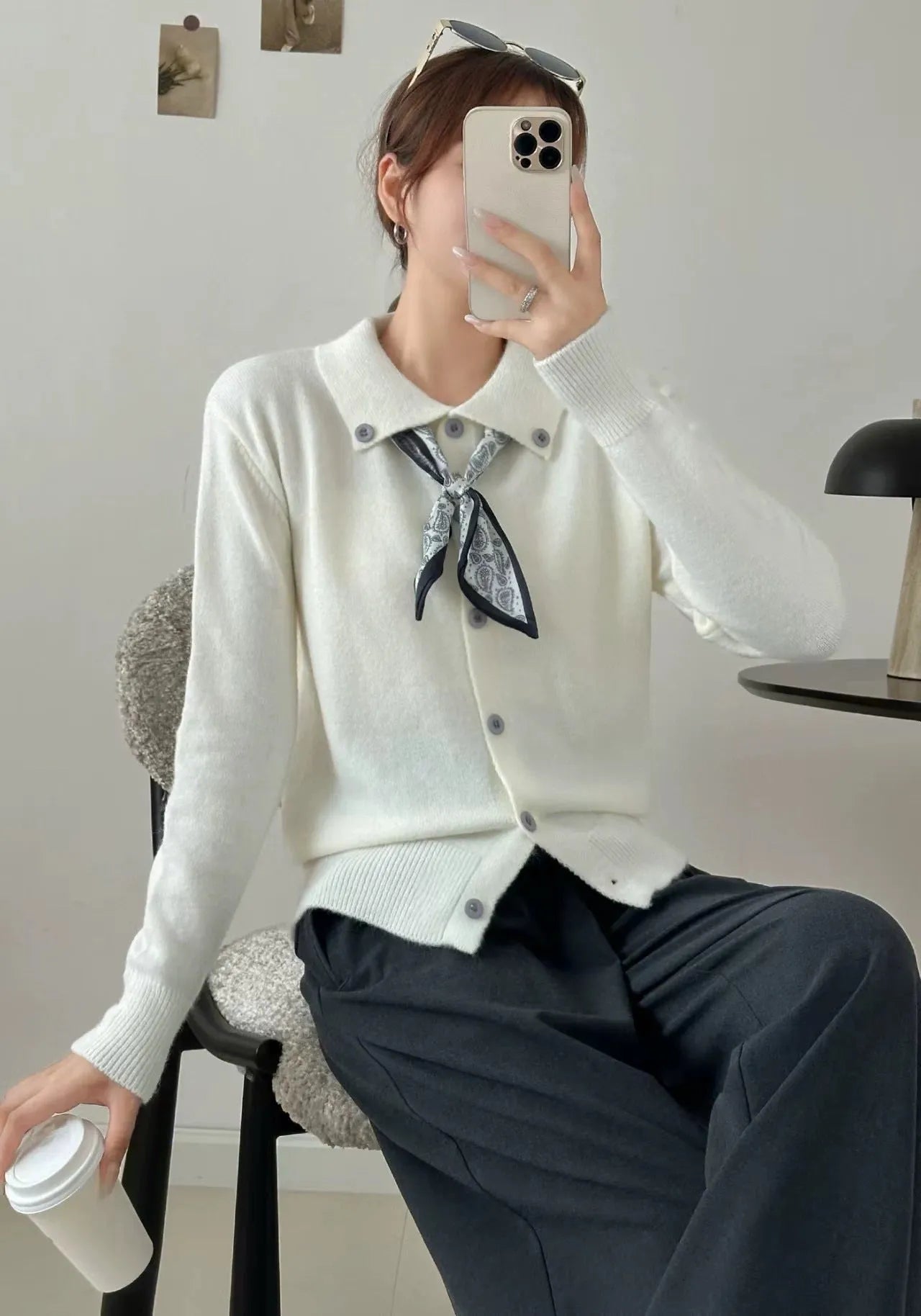 Beige acrylic knit cardigan with lapel scarf collar design, long sleeves and cardigan styling