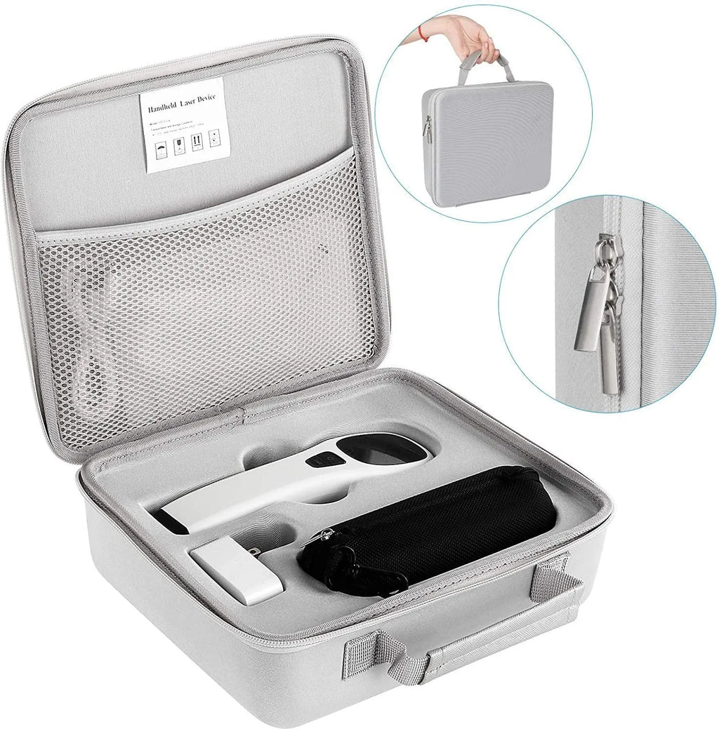 Hand-held red light therapy device in black and white with LED array, USB cable, and safety glasses on a surface
