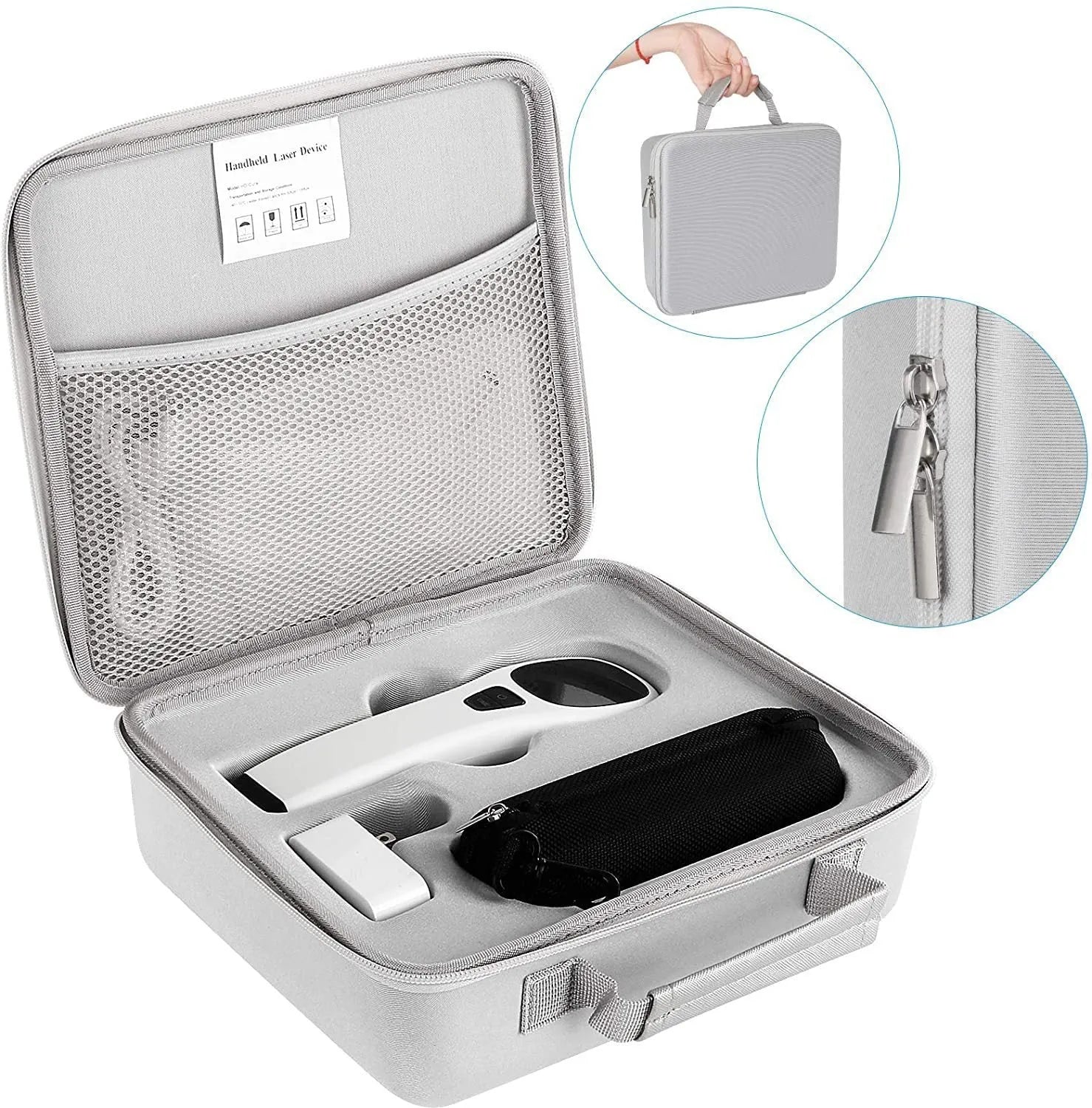 Hand-held red light therapy device in black and white with LED array, USB cable, and safety glasses on a surface