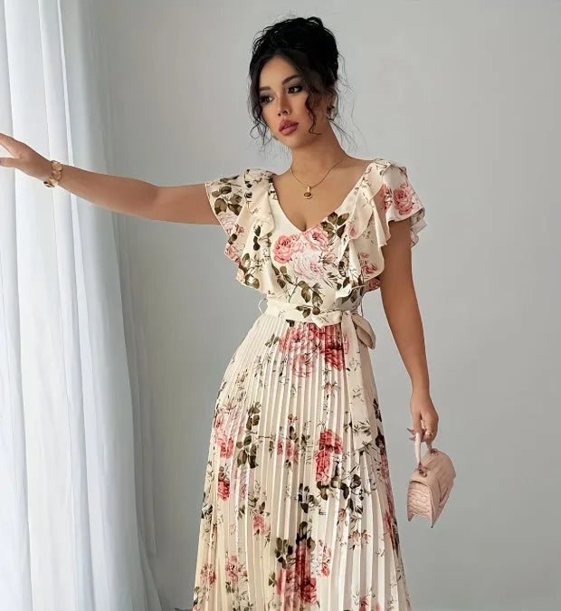 Women's apricot floral print V-neck dress with ruffled sleeves and swing skirt