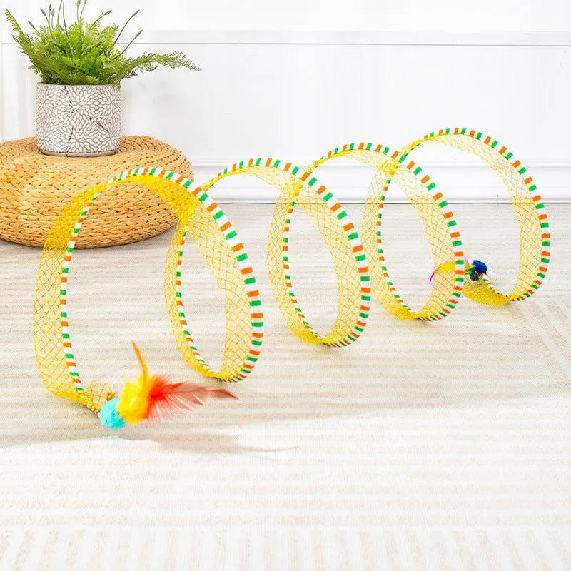 Blue and yellow cat toy set with fabric tunnel and long pole teasing stick with feather attachment