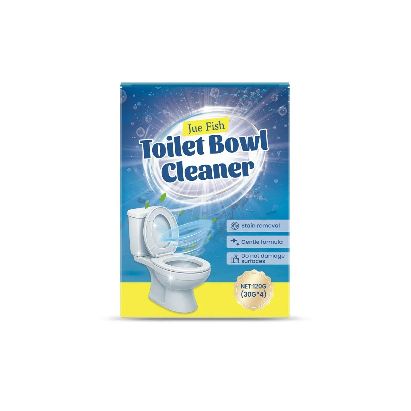 Four sachets of toilet cleaning powder showing 120g total weight with citric acid and bicarbonate ingredients
