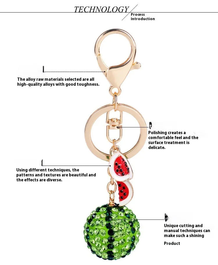 Green zinc alloy watermelon shaped keychain measuring 12cm with detailed fruit design