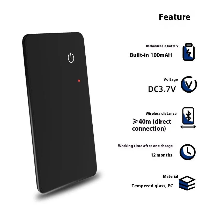Black pet tracking locator card with wireless charging and NFC, constructed from ABS and glass, 85x54x2.1 mm